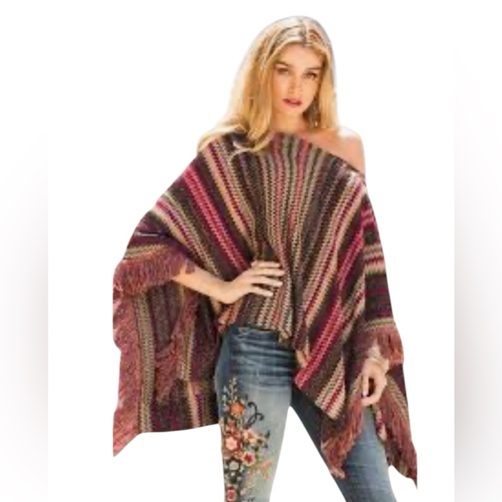 Boston Proper Chevron Print Fringe Poncho in Bright Multicolor (DM)